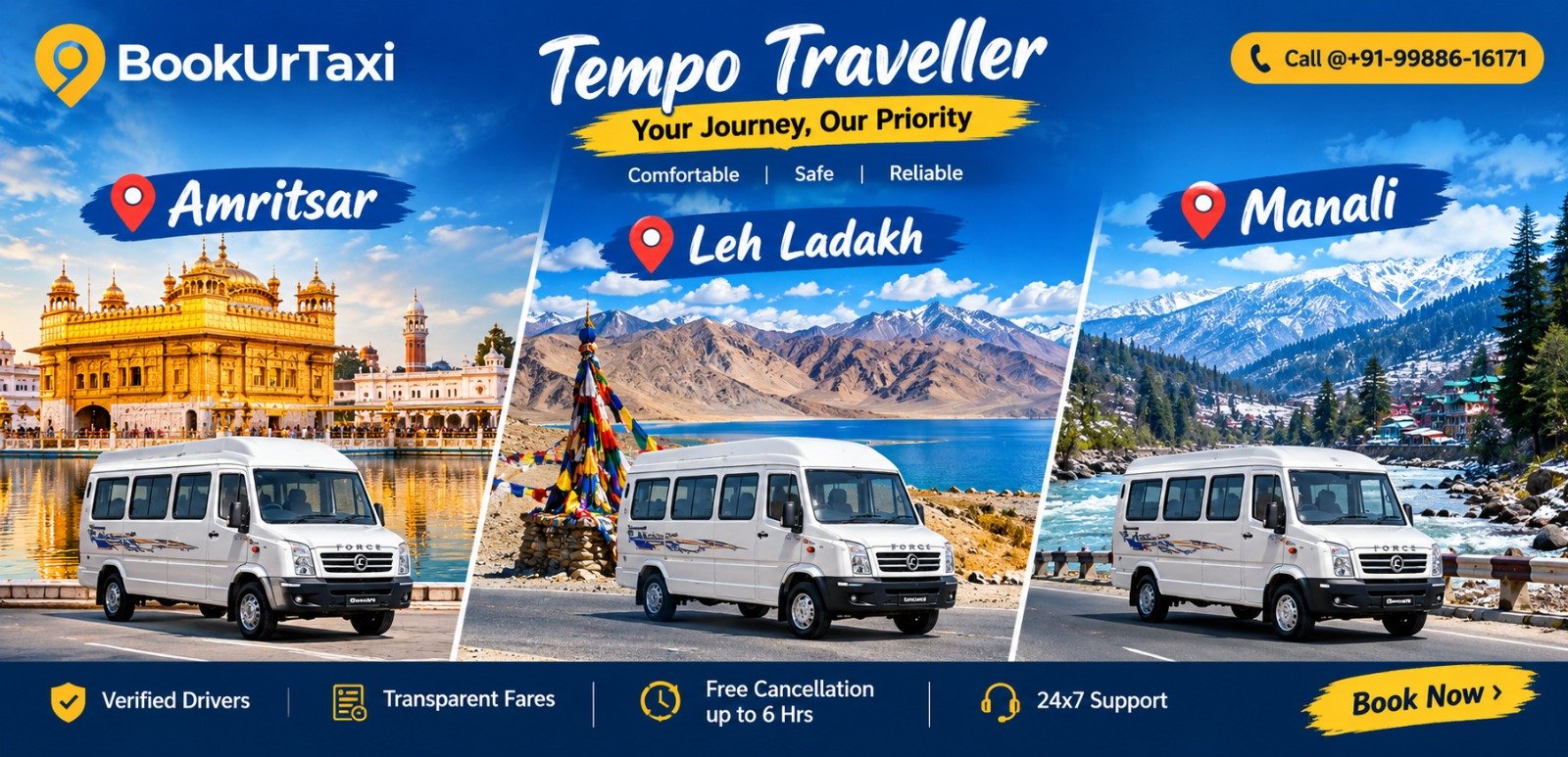 BookUrTaxi Tempo Traveller – Amritsar, Leh Ladakh, Manali. Verified drivers, transparent fares, free cancellation up to 6 hrs, 24x7 support