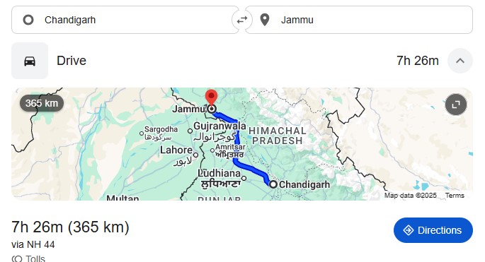 chandigarh to jammu Distance multipal option car, bus at bookurtaxi