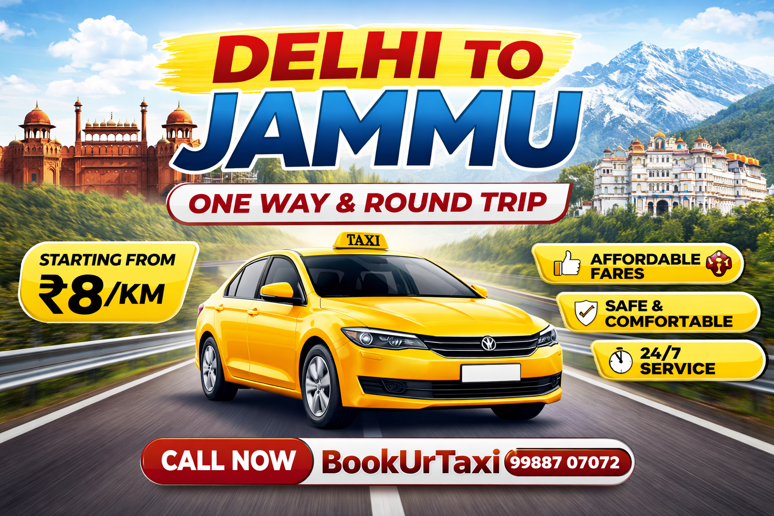 Delhi to Jammu one way cab services